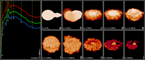 Volume renders of 10 different stages of a binary merger, with accompanying light curve.