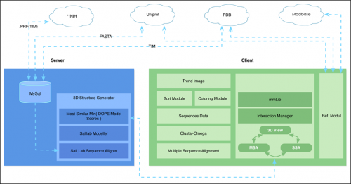 Client/Server system architecture, with access to NIH, Uniport, PDB, and Modbase web services.