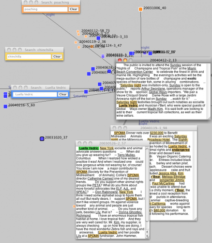 A close-up view of part of a user's interaction space, exploring a document collection.